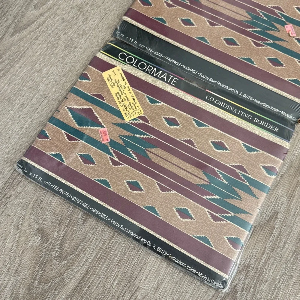 Vintage Colormate Southwestern Wallpaper Border 2 Rolls Teal Burgundy 30ft Total